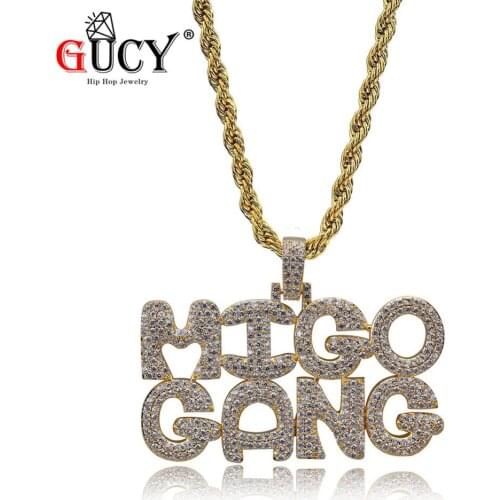 GUCY Iced Out MIGO GANG Letters Combination Pendant Necklace Gold Color Bling Cubic Zircon Tennis Chain Mens Hip Hop Jewelry