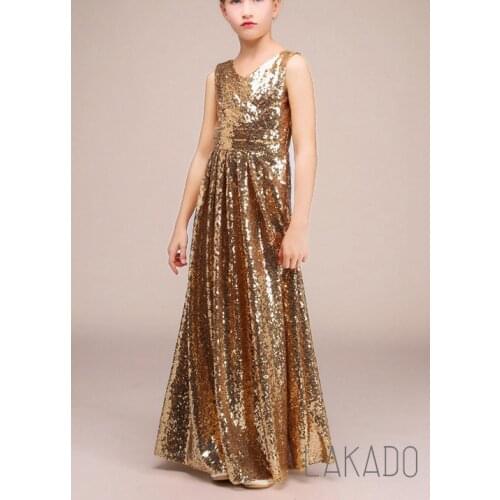 Gold Sequins 2-10 Years Girls Prom Dress Kids Party Dress V Neck