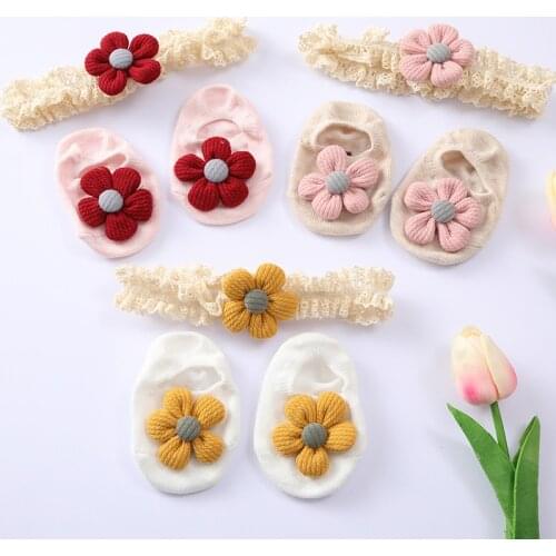 2Pcs/Set Baby Headband Socks Set Sweet Lace Flower Newborn Hair Band Soft Cotton Elastic Girls Children Hair Accessories