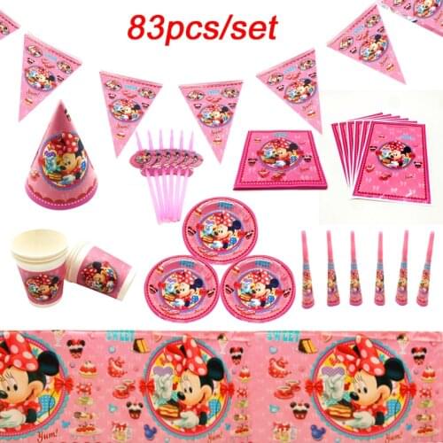 Baby Girl 1st Birthday Party Supplies Decoration Minnie Mouse Cup Flexible Napkins Plate Straws Baby Shower Disposable Tableware