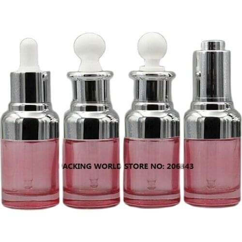 30ml pink glass dropper bottle with silver shoulder and silver collar white bulb for oil/serum/essence/liquid dropper bottle