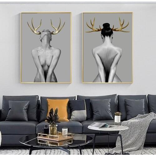 Modern Sexy Nude Woman Golden Deer Angle Canvas Painting Art Printing Poster Pictures Wall Bedroom Living Room Home Decor
