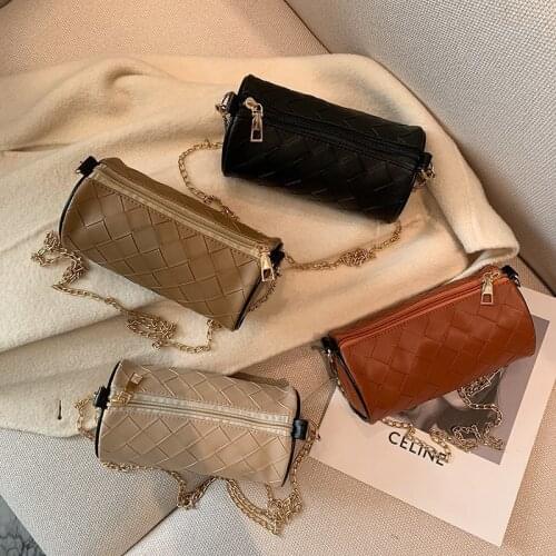 Lingge Cylinder Vintage Leather Chain Crossbody Bags For Women 2021 New Small Purses and Handbags Ladies Shoulder Messenger Bag