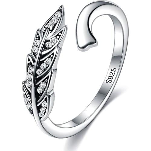 ZEMIOR Authentic Sterling Silver 925 Jewelry Feather Wings Open Adjustable Finger Rings For Women Small Zircon Vintage Ring Best