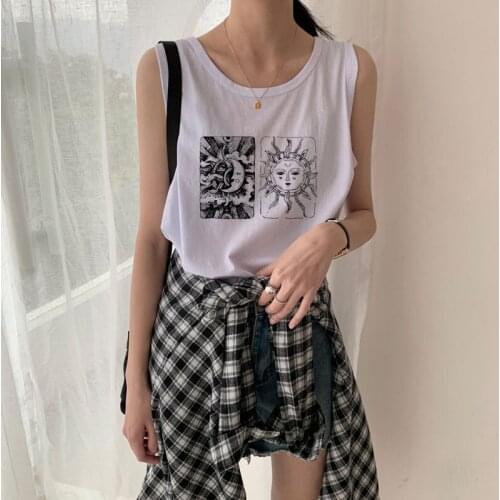 E-girl Plus Size Women Moon Sun Print Harajuku Sleeveless Casual Loose Summer Fashion Tank Tops 2021 Female Young Sport T-shirt