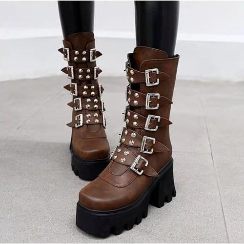 Winter Gothic Punk Womens Platform Boots Black Buckle Strap Zipper Creeper Wedges Shoes Mid Calf Military Combat Chunky Boots