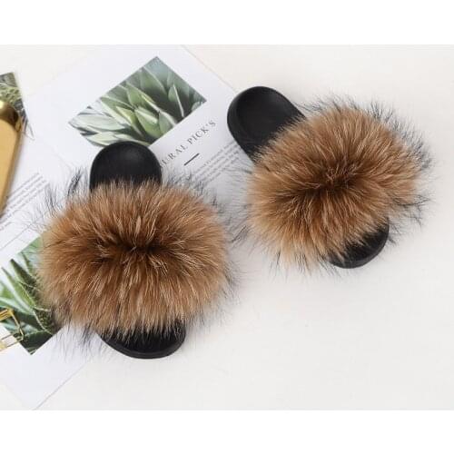 Womens Fluffy Raccoon Fur Slippers Female Furry Slides Girls Luxury Sandals Ladies Flip Flops Woman Cute Shoes Plus Size 35-45