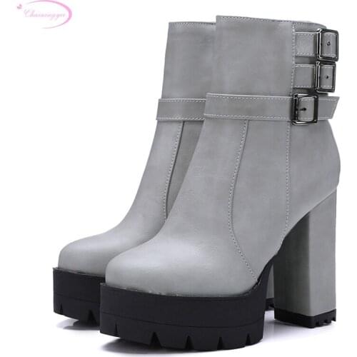 Chainingyee street autumn ankle boots fashion zippers buckle platform black white brown gray high-heeled womes riding boots