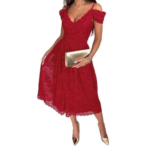 Pink/Red Cold Shoulder Backless Lace Midi Dress Women Sexy V Neck Short Sleeve High Waist Lace Party Dress