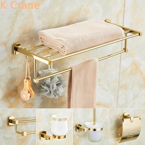 Gold Bathroom Accessories Wall Mount Towel Shelf Copper Bath Ring Toothbrush Cup Holder Bath Bar Rack Luxury Toilet Brush Holder