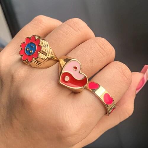 Trendy Resin Acrylic Enamel Rings Set for Women Couples 2021 New Colorful Evil Eye Pink Heart Rings Travel Jewelry Gifts