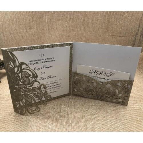 Free shipping golden laser cut glitter wedding invitation set with RSVP envelope belly band tri-fold pocket invites Pocketfold