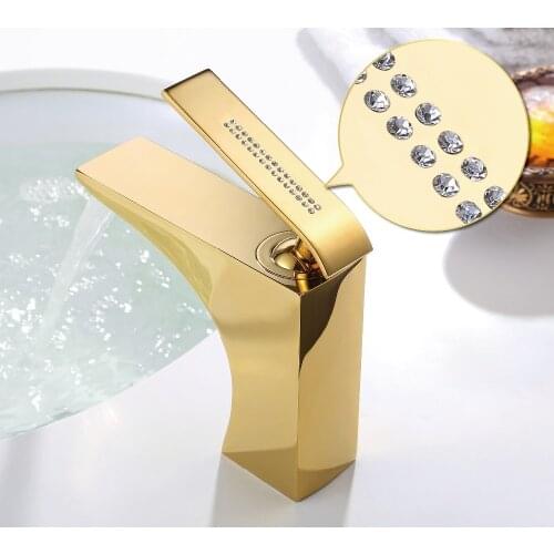 Free ship 2016 New Gold clour square bathroom basin vessel sink faucet mixer tap deck mounted Crystal handles