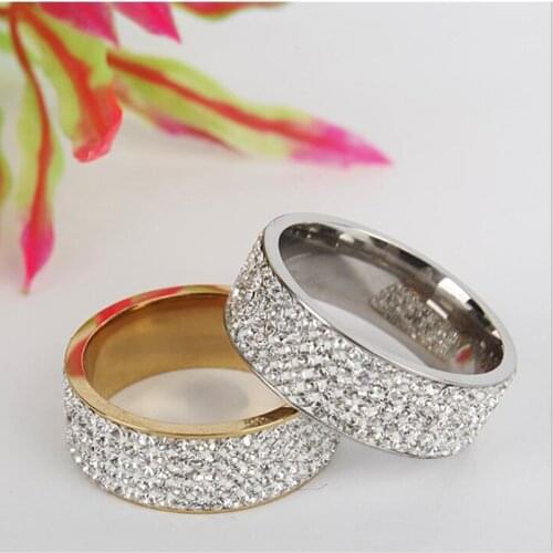 Exotic Design Fashion Stainless Steel Couple Ring Five-Row of Rhinestone Delicated Stainless Steel Ring Noble Style Ring Jewelry