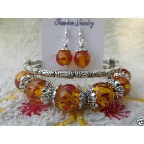 Hot sale new Style >>>>Incredibly beautiful handmade Tibet Tibetan silver amber bracelet earrings