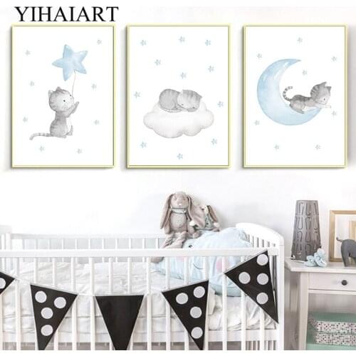 Nursery Painting Blue Moon Star Canvas Art Poster Kawaii Baby Cat Animal Wall Print Cartoon Picture Nordic Kids Child Room Decor