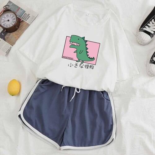 Kawaii Two Pieces Pajamas Sleepwear Women Cute Clothes Pajamas for Women Summer Casual Shorts Set Dinosaur Print Shirt Crewneck