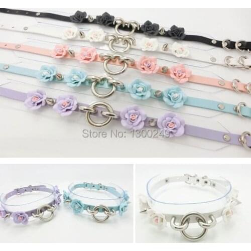 Fashion Sexy Harajuku Punk Goth Faux Leather Transparence Flower O-Round Rivet handmadeCollar Choker Necklace Free Shipping