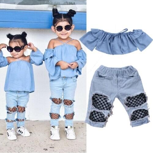 2PCS Fashion Toddler Kid Baby Girls Solid Cotton Off Shoulder Tops Denim Pants Mesh Hole Pants Outfits Sets