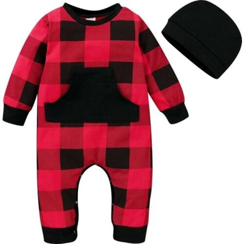 Autumn Baby Girl Boy Plaid Pattern Infant Long Sleeve Bodysuit+Hat Newborn Romper Outfits Set