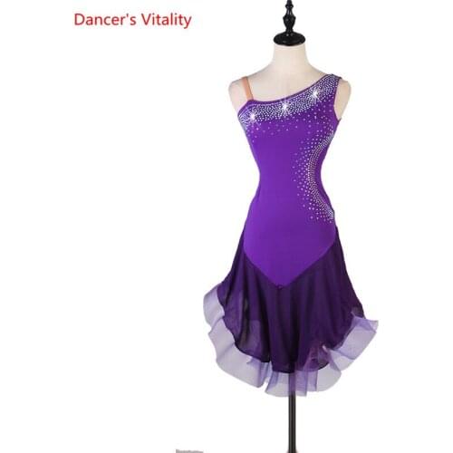 Strapped Purple Latin Dress Girls Mesh Ballroom Latin Dance Wear Kids Cold Shoulder Vestido De Baile Latino For Sale