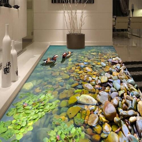 Custom 3D Floor Wallpaper Bathroom Kitchen 3D PVC Floor Mural Self-adhesive Thickened Wallpaper Waterproof Mandarin Duck Bathing