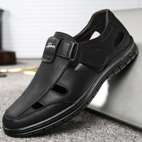 Summer Genuine Leather Mens Sandals Breathable Hollow Out Classic Mens Flat Sandals Solid Rubber Leather Male Casual Sandals hjm