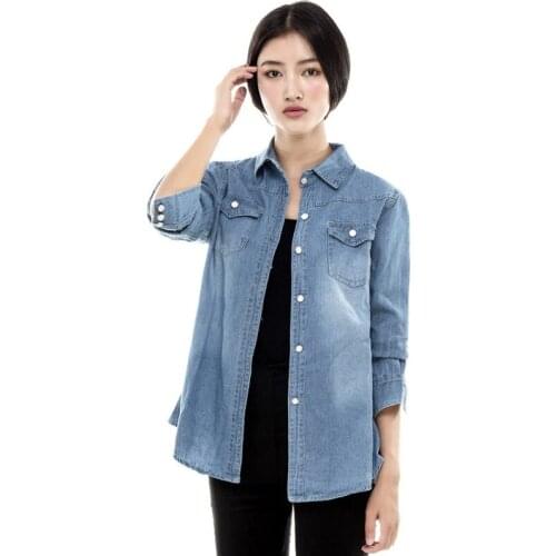 Vintage Womens Long Sleeve Blue Jean Blouse Denim Shirt Retro Loose Long Top