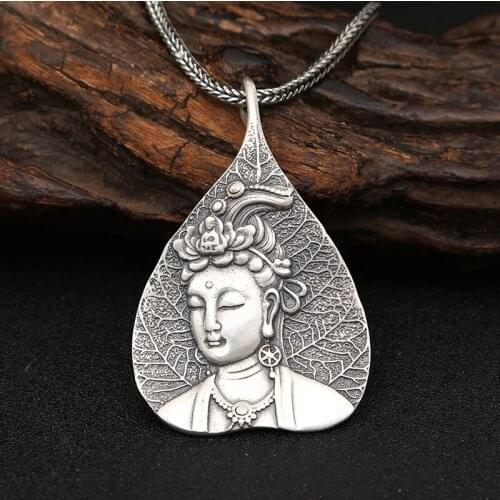 S925 Sterling Silver Jewelry Handmade Vintage Thai Silver Necklace Pendant Puxian Bodhisattva Pendant With Peaceful Leaves