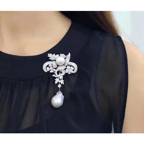 Baroque natural fresh water pearl brooch 925 sterling silver with cubic zircon vintage victoria palace fine jewelry for women