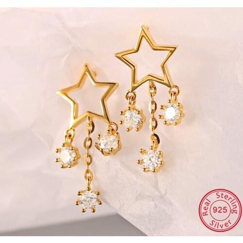 ZS 925 Silver Star Shape Tassel Earrings For Women Girls Gold Color CZ Crystal Dangle Earrings Cute Hang Earrings Silve Jewelry