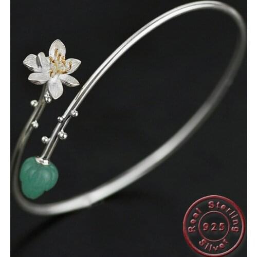 Amxiu Handmade Natural Stone Bangle 925 Sterling Silver Lotus Flower Bud Bangles For Women Mothers Gift Two Tones Accessories