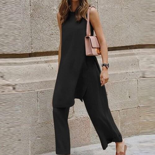 2021 Spring Summer Sleeveless Two Piece Set Women O Neck Slit Long Blouse and Wide Leg Pants Suit Lady Solid Fashion Outfits 3XL