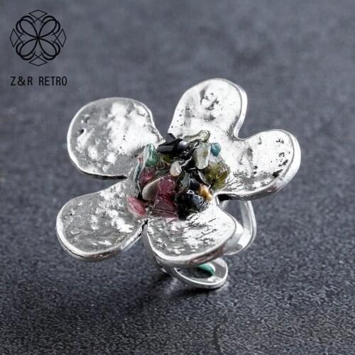 Silver Color Cute Flower With Nature Lava Stone Beads Rings Fashion Accessories Gothic Jewelry For Women 2021 Gifts for New Year