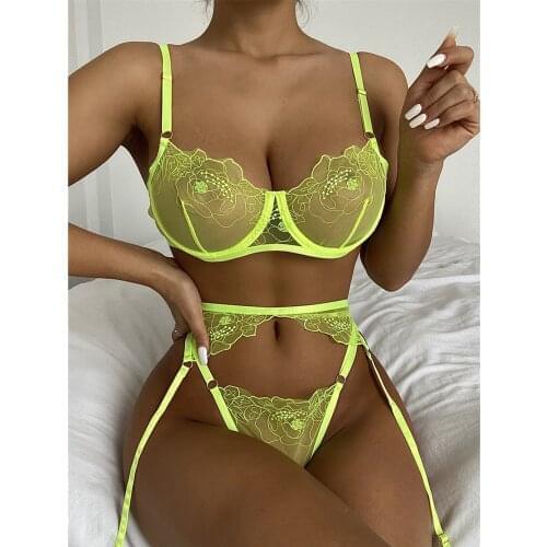 Womens Underwear Green Lace Bra Thong Lingerie Set with Garter Transparent Erotic Lingerie Sexy Costume Lenceria Sensual Mujer