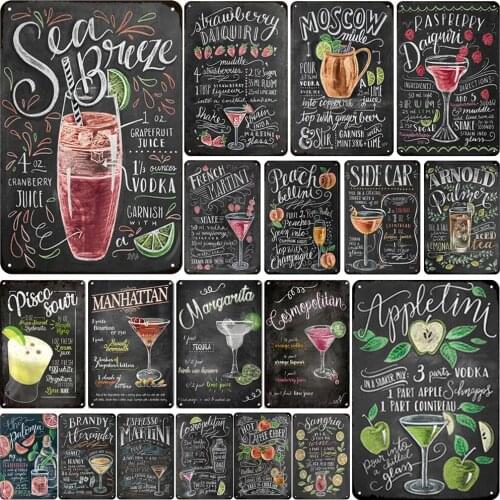 Retro Cocktail Tin Sign Metal Plate Poster Wall Sticker Home Decoration Vintage Martini Mojito Metal Plaque Signs Bar Wall Decor