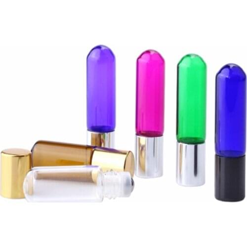 2500pcs/lot 5ml Round Bottom stainless Steel Ball Roll On Bottles Glass Essential Oil Jar With Colorful Lid