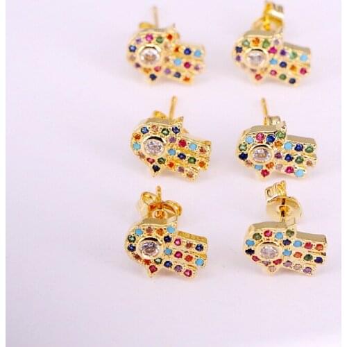 6Pairs, Hamsa hand shape Rainbow Earrings multi color cz micro pave wedding earrings