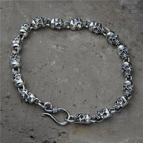 925 Sterling Silver 5.7mm Skull Skeleton Head Chain Link Bangle Women Men Fine Jewelry Solid Tibetan Silver Punk Unisex Bracelet