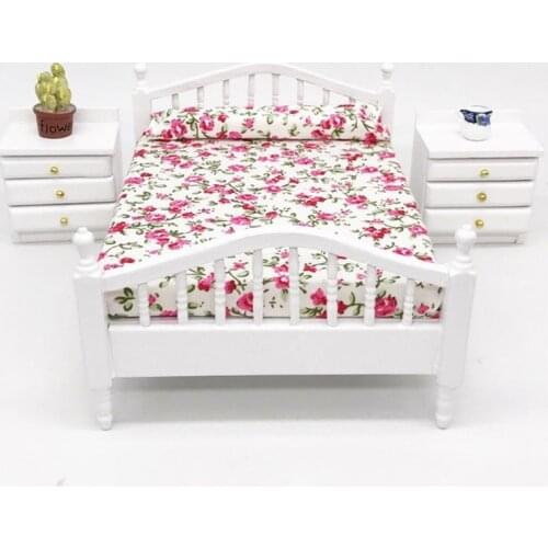 Dollhouse Accessories Wooden Double Queen Bed Flower Pattern Mini Furniture For 1/12 Scale Doll