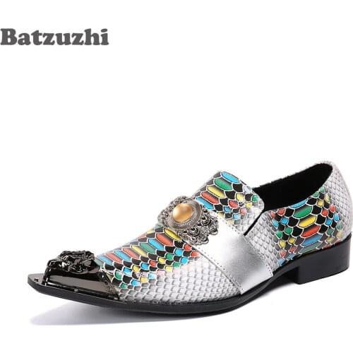 Batzuzhi Gentlemen Mens Leather Shoes Pointed Metal Toe Color Formal Genuine Leather Dress Shoes for Men Party and Wedding