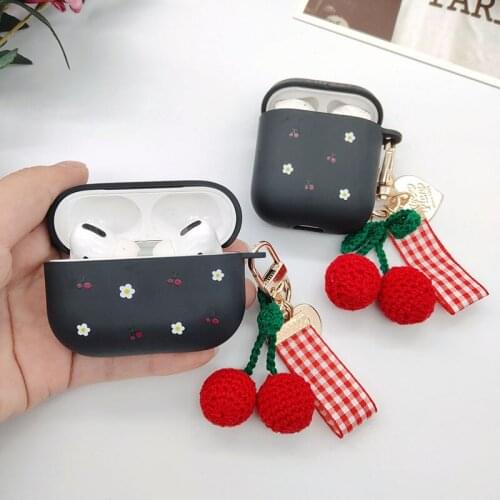 Black Cherry Pattern Soft Earphone Case For AirPods 1 2 Pro 3 Bluetooth Protect Cover With Cute Crystal Plush Cherry Keychain