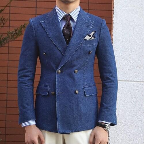 Black/Blue Mens Denim Jacket Business Smoking Blazer Masculino Double Breasted Overcoat Tailor-Made Suits Formal Coat Only 2021