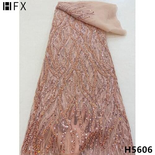 HFX Pink Nigerian Bead Tube Fabric 2021 High Quality Luxury Embroidery Hand Made Heavy Beaded Lace Fabric Wedding Dress F5606