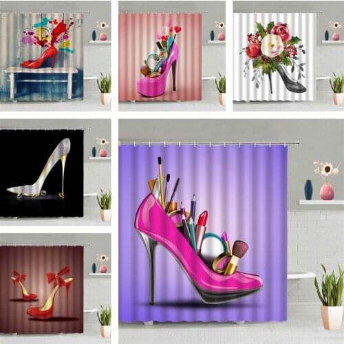 High Heels Cosmetics Shower Curtain Lipstick Girl Girlish Heart Bathroom Hanging Curtains Waterproof Fabric Screen Home Decor