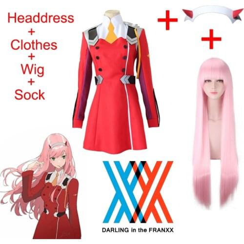Anime FRANXX Zero Two Code 002 Full Cosplay Costume Skirt Includes Black Stockings Halloween Devil Horn Headdress Long Pink Wig