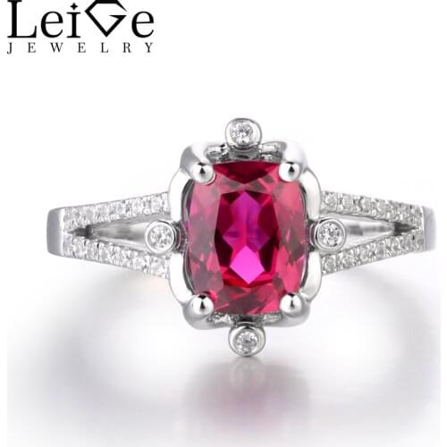 Leige Jewelry Lab Red Ruby Fine Jewelry 925 Sterling Silver July Birthstone Cushion Cut Engagement Romantic Rings For Woman