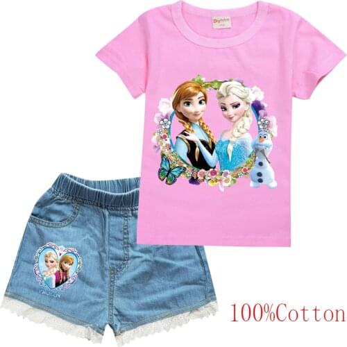 Summer Baby Girl Clothing Set Cartoon Princess Frozen Anna Elsa Olaf Children Girl Short Sleeve T Shirt+Jean 2 Pcs Casual Suit