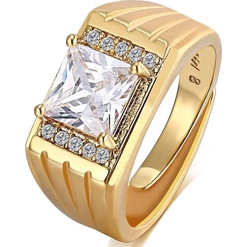 Resizable Square Zircon Ring for Men Gold Color Wedding Rings