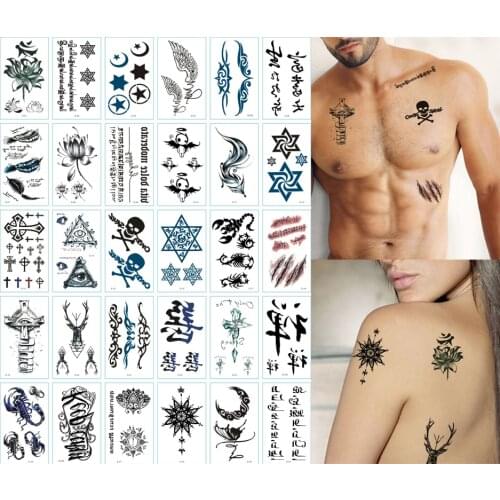 30pcs Pentagon Totem Cross Temporary Tatoo Fake Tattoo Sticker Crystal Scorpion Waterproof Tattoos Tatouage for Women Girl Man